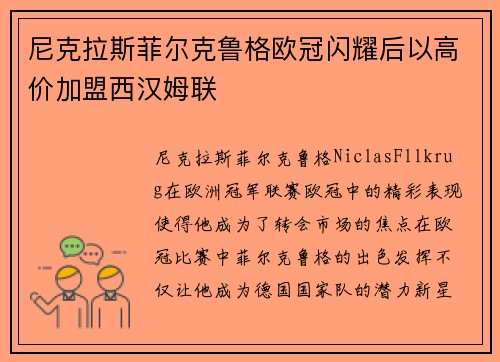 尼克拉斯菲尔克鲁格欧冠闪耀后以高价加盟西汉姆联