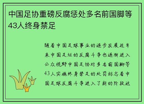 中国足协重磅反腐惩处多名前国脚等43人终身禁足 中国足协重磅反腐惩处多名前国脚等43人终身禁足